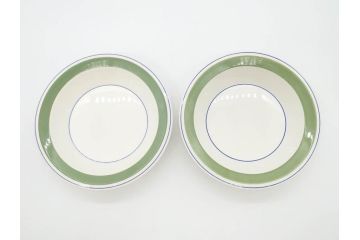 ARABIA FINLAND　Krokus(クロッカス)　シンプルなデザインで取り入れやすいスーププレート2枚&持ち手付きボウルセット(スープ皿、グラタン皿、グリーン・ブルーライン、アラビア、フィンランド、北欧食器)(R-070641)