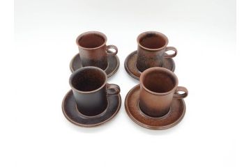 ARABIA FINLAND　Ruska(ルスカ)　Ulla Procope(ウラ・プロコッペ)　一つ一つ違う模様が魅力的で温かみのあるコーヒーカップ&ソーサー4客セット(アラビア、フィンランド、Sモデル、北欧食器、C&S)(R-070653)