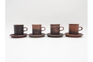 ARABIA FINLAND　Ruska(ルスカ)　Ulla Procope(ウラ・プロコッペ)　一つ一つ違う模様が魅力的で温かみのあるコーヒーカップ&ソーサー4客セット(アラビア、フィンランド、Sモデル、北欧食器、C&S)(R-070653)