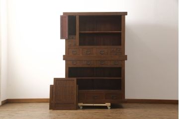 和製ビンテージ　総無垢材　栓材　落ち着いた佇まいが魅力の重ね水屋箪笥(収納箪笥、戸棚、収納棚、食器棚、ヴィンテージ)(R-070694)