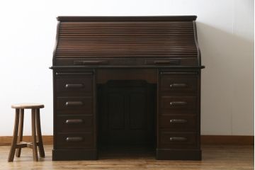 アンティーク家具　ナラ材　大正ロマン香るシックな佇まいのロールトップデスク(両袖机、ワークデスク、在宅用、在宅ワーク)(R-070709)