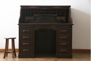 アンティーク家具　ナラ材　大正ロマン香るシックな佇まいのロールトップデスク(両袖机、ワークデスク、在宅用、在宅ワーク)(R-070709)