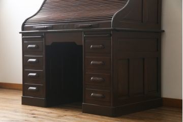 アンティーク家具　ナラ材　大正ロマン香るシックな佇まいのロールトップデスク(両袖机、ワークデスク、在宅用、在宅ワーク)(R-070709)