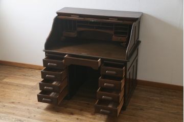 アンティーク家具　ナラ材　大正ロマン香るシックな佇まいのロールトップデスク(両袖机、ワークデスク、在宅用、在宅ワーク)(R-070709)
