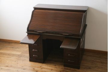 アンティーク家具　ナラ材　大正ロマン香るシックな佇まいのロールトップデスク(両袖机、ワークデスク、在宅用、在宅ワーク)(R-070709)