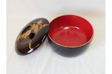 明治〜大正　木製漆器　緻密に描かれた松の金蒔絵が高級感溢れるお櫃・お盆・しゃもじセット(トレー、トレイ、おひつ、松の実、行器、飯器、伝統和食器)(R-070716)