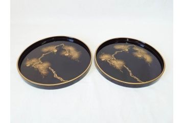 明治〜大正　木製漆器　緻密に描かれた松の金蒔絵が高級感溢れるお櫃・お盆・しゃもじセット(トレー、トレイ、おひつ、松の実、行器、飯器、伝統和食器)(R-070716)