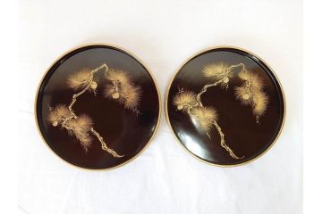 明治〜大正　木製漆器　緻密に描かれた松の金蒔絵が高級感溢れるお櫃・お盆・しゃもじセット(トレー、トレイ、おひつ、松の実、行器、飯器、伝統和食器)(R-070716)