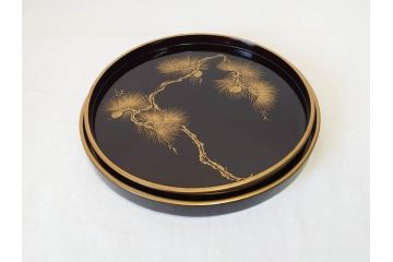 明治〜大正　木製漆器　緻密に描かれた松の金蒔絵が高級感溢れるお櫃・お盆・しゃもじセット(トレー、トレイ、おひつ、松の実、行器、飯器、伝統和食器)(R-070716)