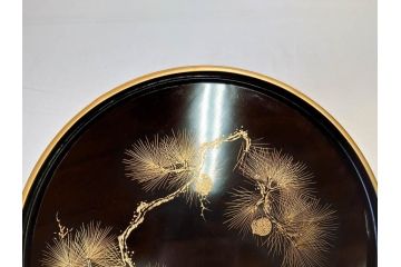 明治〜大正　木製漆器　緻密に描かれた松の金蒔絵が高級感溢れるお櫃・お盆・しゃもじセット(トレー、トレイ、おひつ、松の実、行器、飯器、伝統和食器)(R-070716)