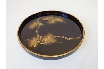 明治〜大正　木製漆器　緻密に描かれた松の金蒔絵が高級感溢れるお櫃・お盆・しゃもじセット(トレー、トレイ、おひつ、松の実、行器、飯器、伝統和食器)(R-070716)