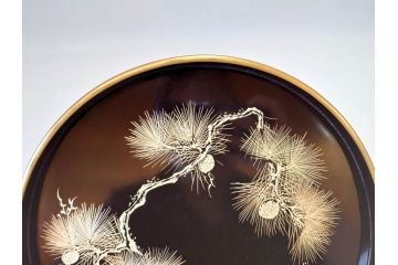 明治〜大正　木製漆器　緻密に描かれた松の金蒔絵が高級感溢れるお櫃・お盆・しゃもじセット(トレー、トレイ、おひつ、松の実、行器、飯器、伝統和食器)(R-070716)