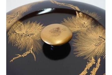 明治〜大正　木製漆器　緻密に描かれた松の金蒔絵が高級感溢れるお櫃・お盆・しゃもじセット(トレー、トレイ、おひつ、松の実、行器、飯器、伝統和食器)(R-070717)