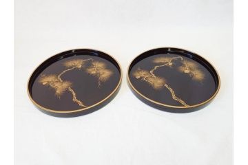 明治〜大正　木製漆器　緻密に描かれた松の金蒔絵が高級感溢れるお櫃・お盆・しゃもじセット(トレー、トレイ、おひつ、松の実、行器、飯器、伝統和食器)(R-070717)