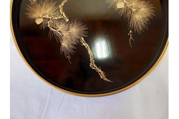明治〜大正　木製漆器　緻密に描かれた松の金蒔絵が高級感溢れるお櫃・お盆・しゃもじセット(トレー、トレイ、おひつ、松の実、行器、飯器、伝統和食器)(R-070717)