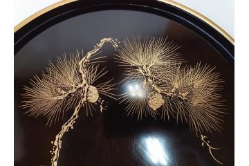 明治〜大正　木製漆器　緻密に描かれた松の金蒔絵が高級感溢れるお櫃・お盆・しゃもじセット(トレー、トレイ、おひつ、松の実、行器、飯器、伝統和食器)(R-070717)