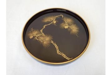 明治〜大正　木製漆器　緻密に描かれた松の金蒔絵が高級感溢れるお櫃・お盆・しゃもじセット(トレー、トレイ、おひつ、松の実、行器、飯器、伝統和食器)(R-070717)