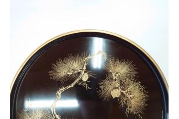 明治〜大正　木製漆器　緻密に描かれた松の金蒔絵が高級感溢れるお櫃・お盆・しゃもじセット(トレー、トレイ、おひつ、松の実、行器、飯器、伝統和食器)(R-070717)
