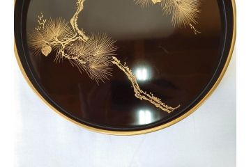 明治〜大正　木製漆器　緻密に描かれた松の金蒔絵が高級感溢れるお櫃・お盆・しゃもじセット(トレー、トレイ、おひつ、松の実、行器、飯器、伝統和食器)(R-070717)