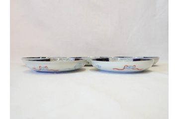 上手物　明治期　伊万里　二重角冨(角富)　金襴手　約17cm　5.6寸　精功に描かれた色絵が目を惹く中皿5枚セット(桃図、鳳凰、花鳥文、深皿、和皿、和食器、五寸六分)(R-070718)