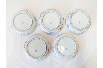 上手物　明治期　伊万里　二重角冨(角富)　金襴手　約17cm　5.6寸　精功に描かれた色絵が目を惹く中皿5枚セット(桃図、鳳凰、花鳥文、深皿、和皿、和食器、五寸六分)(R-070718)