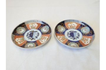 上手物　明治期　伊万里　二重角冨(角富)　金襴手　約17cm　5.6寸　精功に描かれた色絵が目を惹く中皿5枚セット(桃図、鳳凰、花鳥文、深皿、和皿、和食器、五寸六分)(R-070718)