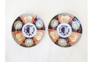 上手物　明治期　伊万里　二重角冨(角富)　金襴手　約17cm　5.6寸　精功に描かれた色絵が目を惹く中皿5枚セット(桃図、鳳凰、花鳥文、深皿、和皿、和食器、五寸六分)(R-070718)
