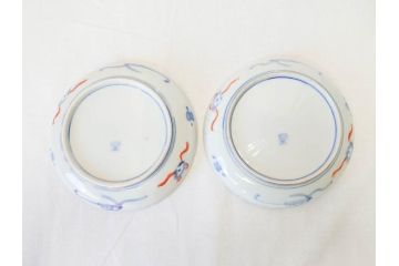 上手物　明治期　伊万里　二重角冨(角富)　金襴手　約17cm　5.6寸　精功に描かれた色絵が目を惹く中皿5枚セット(桃図、鳳凰、花鳥文、深皿、和皿、和食器、五寸六分)(R-070718)