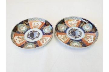 上手物　明治期　伊万里　二重角冨(角富)　金襴手　約17cm　5.6寸　精功に描かれた色絵が目を惹く中皿5枚セット(桃図、鳳凰、花鳥文、深皿、和皿、和食器、五寸六分)(R-070718)