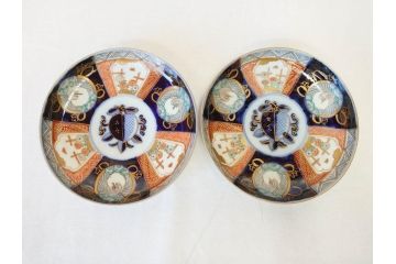 上手物　明治期　伊万里　二重角冨(角富)　金襴手　約17cm　5.6寸　精功に描かれた色絵が目を惹く中皿5枚セット(桃図、鳳凰、花鳥文、深皿、和皿、和食器、五寸六分)(R-070718)