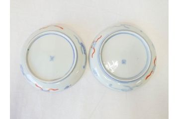 上手物　明治期　伊万里　二重角冨(角富)　金襴手　約17cm　5.6寸　精功に描かれた色絵が目を惹く中皿5枚セット(桃図、鳳凰、花鳥文、深皿、和皿、和食器、五寸六分)(R-070718)