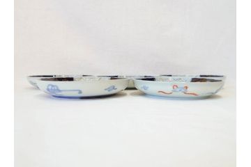 上手物　明治期　伊万里　二重角冨(角富)　金襴手　約17cm　5.6寸　精功に描かれた色絵が目を惹く中皿5枚セット(桃図、鳳凰、花鳥文、深皿、和皿、和食器、五寸六分)(R-070719)