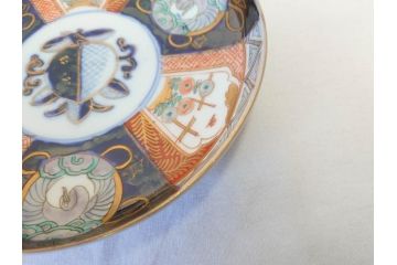 上手物　明治期　伊万里　二重角冨(角富)　金襴手　約17cm　5.6寸　精功に描かれた色絵が目を惹く中皿5枚セット(桃図、鳳凰、花鳥文、深皿、和皿、和食器、五寸六分)(R-070719)