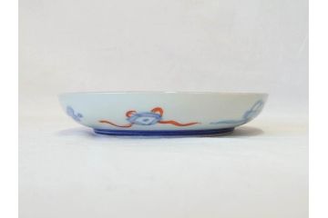 上手物　明治期　伊万里　二重角冨(角富)　金襴手　約17cm　5.6寸　精功に描かれた色絵が目を惹く中皿5枚セット(桃図、鳳凰、花鳥文、深皿、和皿、和食器、五寸六分)(R-070719)