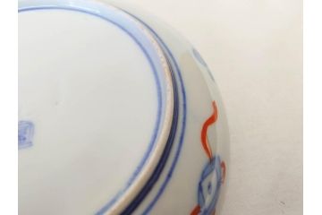 上手物　明治期　伊万里　二重角冨(角富)　金襴手　約17cm　5.6寸　精功に描かれた色絵が目を惹く中皿5枚セット(桃図、鳳凰、花鳥文、深皿、和皿、和食器、五寸六分)(R-070719)