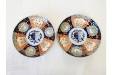 上手物　明治期　伊万里　二重角冨(角富)　金襴手　約17cm　5.6寸　精功に描かれた色絵が目を惹く中皿5枚セット(桃図、鳳凰、花鳥文、深皿、和皿、和食器、五寸六分)(R-070719)