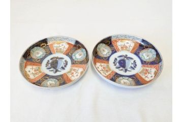 上手物　明治期　伊万里　二重角冨(角富)　金襴手　約17cm　5.6寸　精功に描かれた色絵が目を惹く中皿5枚セット(桃図、鳳凰、花鳥文、深皿、和皿、和食器、五寸六分)(R-070719)