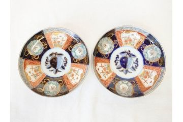 上手物　明治期　伊万里　二重角冨(角富)　金襴手　約17cm　5.6寸　精功に描かれた色絵が目を惹く中皿5枚セット(桃図、鳳凰、花鳥文、深皿、和皿、和食器、五寸六分)(R-070719)