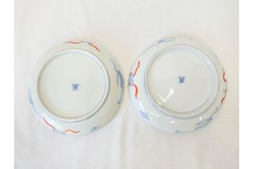 上手物　明治期　伊万里　二重角冨(角富)　金襴手　約17cm　5.6寸　精功に描かれた色絵が目を惹く中皿5枚セット(桃図、鳳凰、花鳥文、深皿、和皿、和食器、五寸六分)(R-070719)