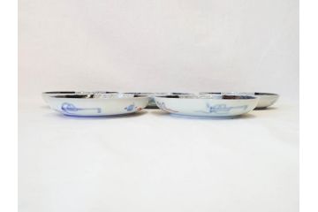 上手物　明治期　伊万里　二重角冨(角富)　金襴手　約17cm　5.6寸　精功に描かれた色絵が目を惹く中皿5枚セット(桃図、鳳凰、花鳥文、深皿、和皿、和食器、五寸六分)(R-070720)