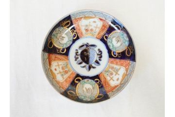 上手物　明治期　伊万里　二重角冨(角富)　金襴手　約17cm　5.6寸　精功に描かれた色絵が目を惹く中皿5枚セット(桃図、鳳凰、花鳥文、深皿、和皿、和食器、五寸六分)(R-070720)
