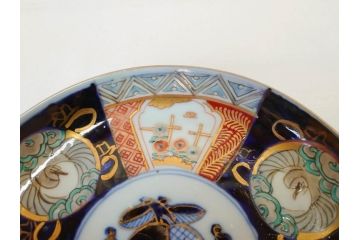 上手物　明治期　伊万里　二重角冨(角富)　金襴手　約17cm　5.6寸　精功に描かれた色絵が目を惹く中皿5枚セット(桃図、鳳凰、花鳥文、深皿、和皿、和食器、五寸六分)(R-070720)