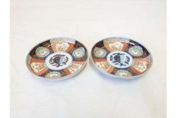 上手物　明治期　伊万里　二重角冨(角富)　金襴手　約17cm　5.6寸　精功に描かれた色絵が目を惹く中皿5枚セット(桃図、鳳凰、花鳥文、深皿、和皿、和食器、五寸六分)(R-070720)