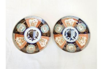上手物　明治期　伊万里　二重角冨(角富)　金襴手　約17cm　5.6寸　精功に描かれた色絵が目を惹く中皿5枚セット(桃図、鳳凰、花鳥文、深皿、和皿、和食器、五寸六分)(R-070720)