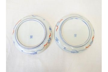 上手物　明治期　伊万里　二重角冨(角富)　金襴手　約17cm　5.6寸　精功に描かれた色絵が目を惹く中皿5枚セット(桃図、鳳凰、花鳥文、深皿、和皿、和食器、五寸六分)(R-070720)