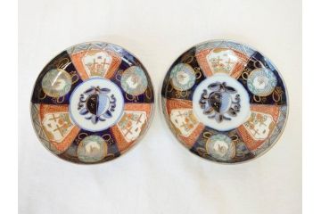 上手物　明治期　伊万里　二重角冨(角富)　金襴手　約17cm　5.6寸　精功に描かれた色絵が目を惹く中皿5枚セット(桃図、鳳凰、花鳥文、深皿、和皿、和食器、五寸六分)(R-070720)