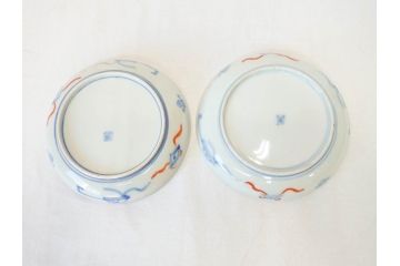 上手物　明治期　伊万里　二重角冨(角富)　金襴手　約17cm　5.6寸　精功に描かれた色絵が目を惹く中皿5枚セット(桃図、鳳凰、花鳥文、深皿、和皿、和食器、五寸六分)(R-070720)