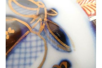 上手物　明治期　伊万里　二重角冨(角富)　金襴手　約17cm　5.6寸　精功に描かれた色絵が目を惹く中皿5枚セット(桃図、鳳凰、花鳥文、深皿、和皿、和食器、五寸六分)(R-070720)