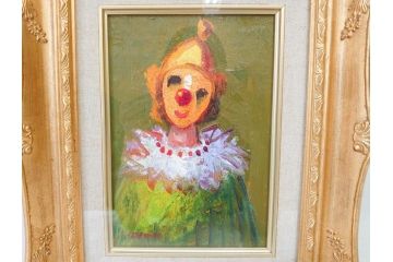 坂本唯市　油彩　「道化師」　「薔薇」　SM　力強い色使いとそれぞれ違った魅力が素敵な絵画3点セット(油絵、額装、ピエロ、バラ)(R-070730)