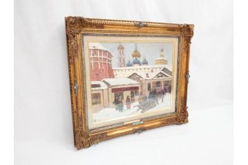 現代ソビエト絵画　アラロフB.H.　月光荘取り扱い　「冬のザゴルスク」　油絵(油彩、風景画、額装)(R-070733)